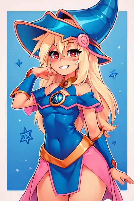 score_9, score_8_up, score_8, large breasts, (curvy), cute, eyelashes, ,,, , ,,, zzPrismagicCitronOC, hair between eyes, red eyes, blonde hair, long hair, blue headwear, wizard hat, bare shoulders, detached sleeves, pentacle, dress, blush stickers, <lora:Prismagic_CitronOC_PDXL:0.8>, ,,,, BREAK, smile, looking at viewer, ,,, abstract background, white outline, cowboy shot, ,,, embedding:zPDXL, Expressiveh, ,,, <lora:theOtherHalfPDXL:0.8>, <lora:CatalystStylePDXL:0.6>, <lora:SDXLFaeTastic2400:0.5>, <lora:Expressive_H-000001:0.4>,