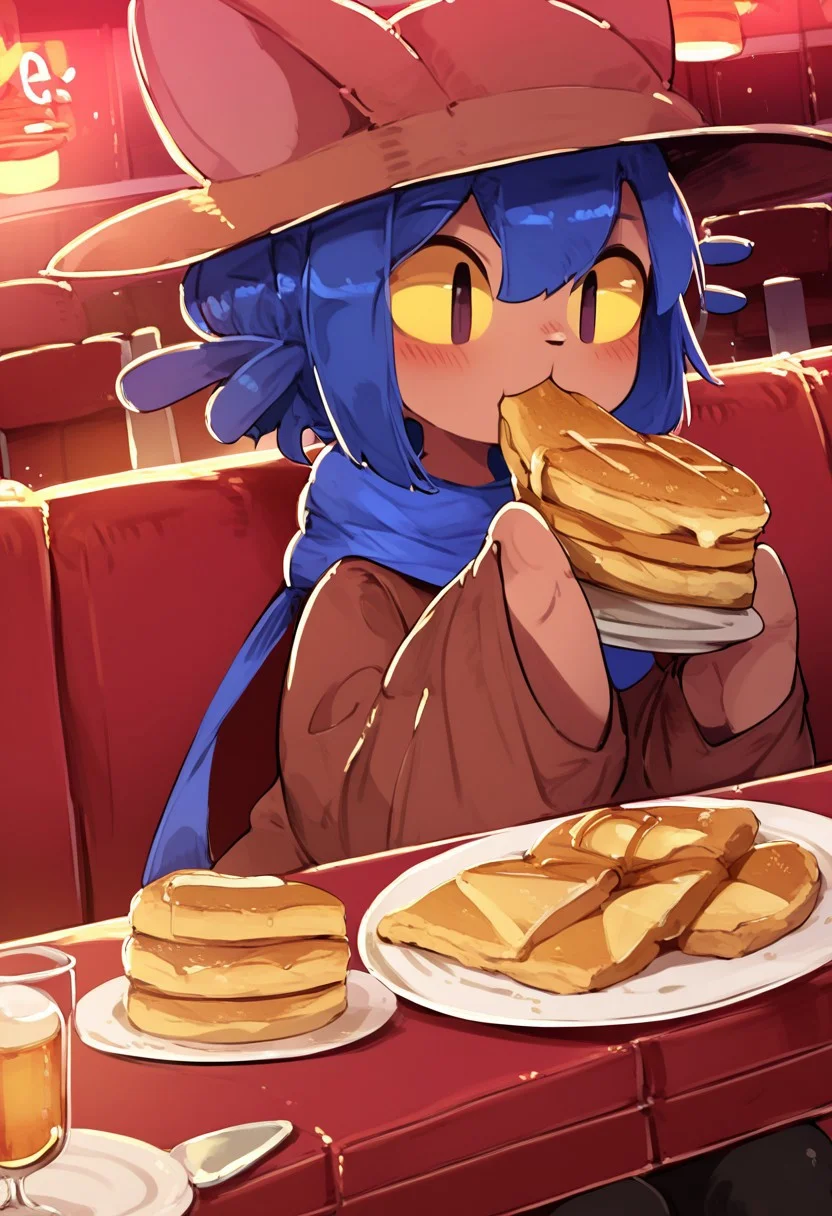 score_9, score_8_up, score_7_up, 1girl, (masterpiece), shuuko, niko \(oneshot\), blue hair, slit pupils, yellow sclera, cat hat, blue scarf, brown dress, sleeves past fingers, black legwear, sitting in a diner, indoors, eating a pancake, fork