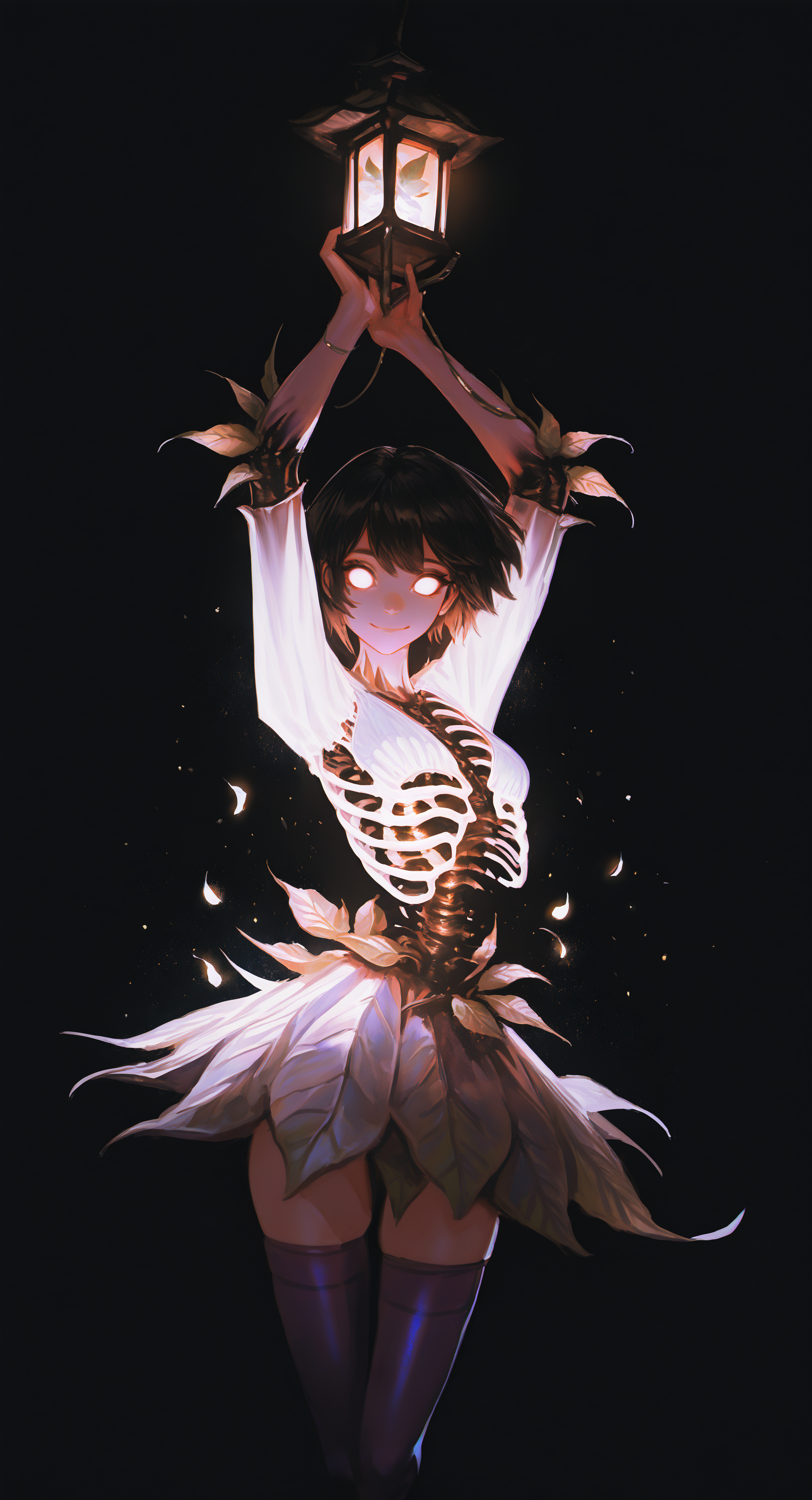 masterpiece, best quality, Good quality, very aesthetic, absurdres, newest, 1girl, solo, looking_at_viewer, smile, short_hair, simple_background, black_hair, dress, thighhighs, holding, full_body, black_thighhighs, arms_up, glowing, leaf, black_background, monster_girl, light_particles, glowing_eyes, lantern, purple_thighhighs, dark, white_eyes, no_pupils, ribs, holding_lantern <lora:ponyv5_noobE11_1_adamW-000013:0.8> <lora:USNR_STYLE_XL_lokr:1>