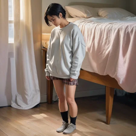 (best quality), (masterpiece), ultra-detailed, illustration, a scene involving one (shrunken:1.6, miniature:1.6) woman, looking at viewer, 30 year old, (huge loose oversized baggy sweatshirt and loose long baggy shorts), wearing long baggy loose socks, (miniature woman standing next to bed in bedroom), next to beside table, bedroom, desk, chair, lamp, curtains, wood floors, side table, windows, apartment, dynamic light, combed back black hair, 8k uhd, dslr, soft lighting, high quality, film grain, Fujifilm XT3, sharp focus, F/8.0, <lora:shrunk_v1_xl:0.3>