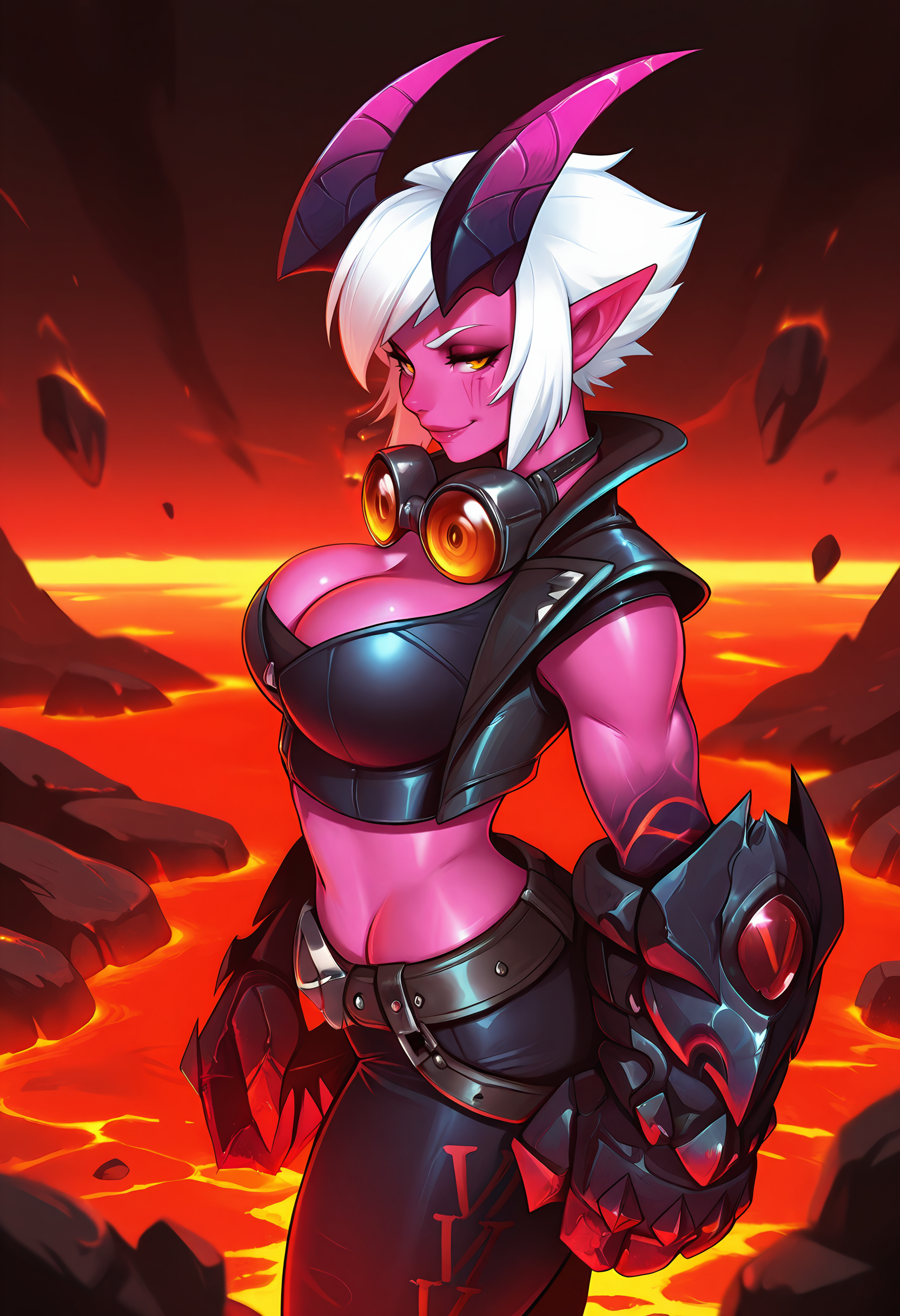 1girl, solo, large breasts, cleavage, wasteland, lava, rock, from side, seductive smile, <lora:DemonViIL-19:1>, demonviil, gauntlets, pointy ears, short hair, white hair, colored skin, pink skin, oversized limbs, pants, demon girl, belt, demon horns, goggles around neck, midriff, masterpiece, best quality, amazing quality,