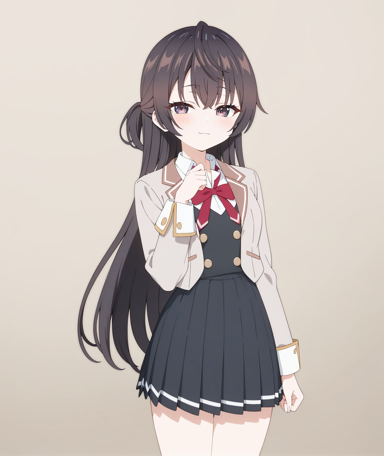 <lora:tokidoki_bosotto_roshia-go_de_dereru_tonari_no_arya-san:1>, 1girl,suou yuki,
Best quality,official art,standing, school uniform, simple background, :3,half-closed eyes, 
masterpiece, newest, absurdres,