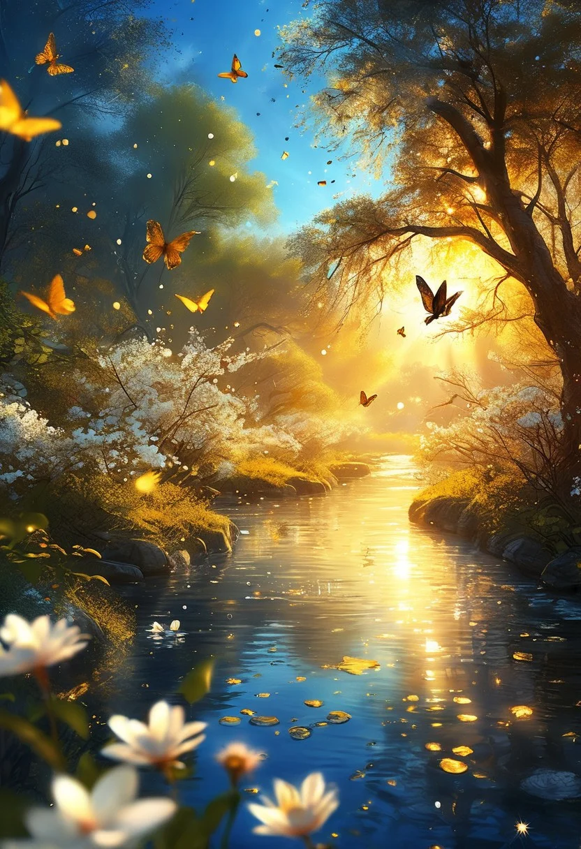 low angel, golden colors,In a surreal golden forest the rising sun glow upon the scene. A beam of light pierces through the dense foliage illuminating a crystal clear babbling brook. Golden butterflies dance among the white blossoms that bloom upon the trees their delicate petals gently swaying in the breeze. In the backgroundi the sky is a deep blue hue dotted with stars. The air is serene and the sound of birds chirping fills the morning air,
vibrant, beautiful, translucent, intricate, detailed,
many details, extreme detailed, full of details,
Wide range of colors., Dramatic,Dynamic,Cinematic,Sharp details
Insane quality. Insane resolution. Insane details. Masterpiece. 32k resolution.
<lora:add-detail-xl:0.9> dvr-lnds-sdxl <lora:MJ52:0.5> <lora:zavy-cntrst-sdxl:0.4> <lora:zavy-rmlght-sdxl:0.4>