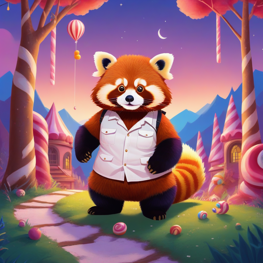 an adventurer red panda with a white shirt in candyland, Evening twilight, nice composition <lora:COOLKIDS_XL_0.3_RC:0.5>