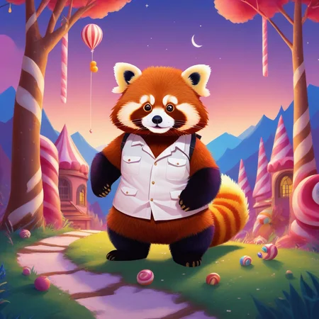 an adventurer red panda with a white shirt in candyland, Evening twilight, nice composition <lora:COOLKIDS_XL_0.3_RC:0.5>