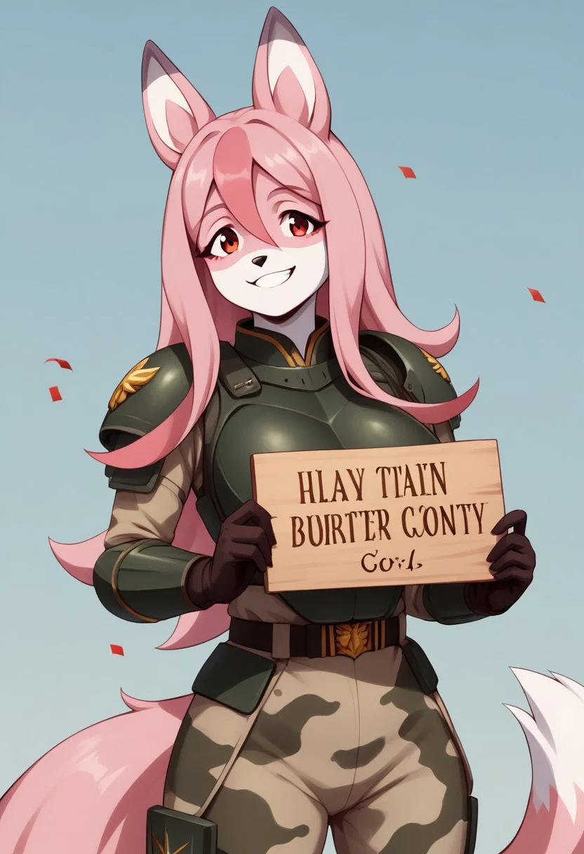 score_9, score_8_up, score_7_up, score_6_up, score_5_up, score_4_up, 1girl, solo, (anthro, furry, fox, nazuna, pink and white fur color, two-tone fur,), pink hair, long hair, hair between eyes, red eyes, animal ears, animal tail, fluffy tail,
huge breasts, animal ears, body fur, (holding sign with text:"Abhuman is fine too":1.4 ), promotional poster, looking happy, wearing a bodysuit, lasgun, holding a burger, detailed background, armor, military uniform, pants, camouflage, new armor, clean, astra militarum, confetti explosion, she is a model making a social add, smiled that says I am absolutely caffeinated and frilled, head tilt to the left,smile of a salesman