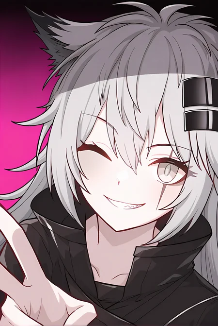<lora:pcr-000008:1>,1girl,solo,upper body,gradient background,pink background,v,one eye closed,lappland \(arknights\),dark_persona,crazy,, masterpiece, best quality, very aesthetic, absurdres,newest, incredibly absurdres,
