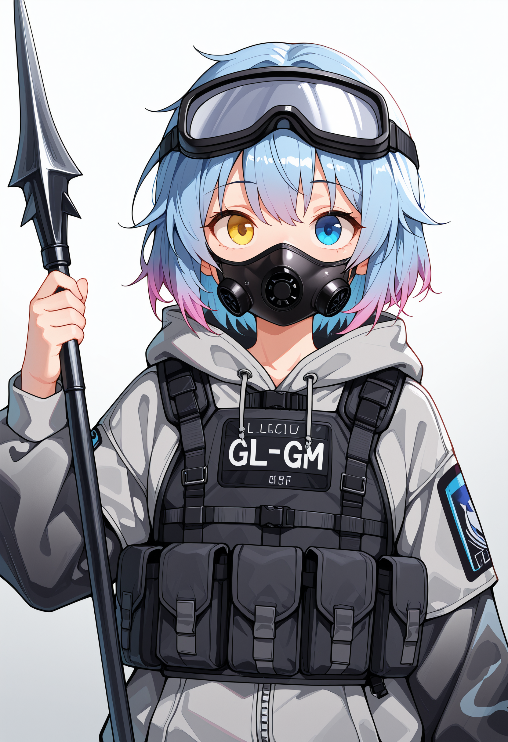 masterpiece, best quality, amazing quality,  <lora:SPP-1 ILL e21:0.9> 1girl, solo, SPP-1GFL, blue eye, heterochromia, yellow eye, short hair, blue hair, [pink] gradient hair, tactical clothing, diving mask on head, half gas mask, grey hooded jacket, load bearing vest, holding harpoon, upper body,