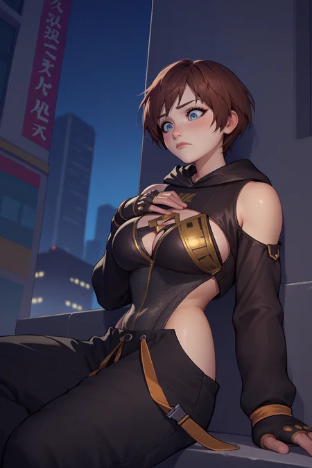 score_9, score_8_up, score_7_up, score_6_up, source_anime, 1girl, solo <lora:sblily-pdxl-nvwls-v1-000005:1> sblily, brown hair, short hair, blue eyes, leotard, clothing cutout, cleavage, black sleeves, hood down, bare shoulders, long sleeves, black pants, fingerless gloves, large breasts, looking down, hand on own chest, blush, sitting, city, night