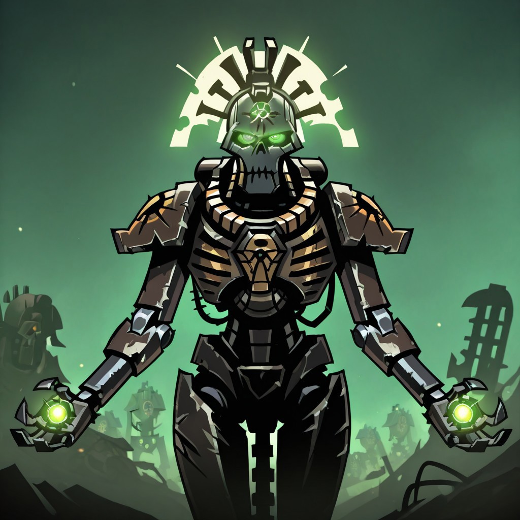 masterpiece, best quality, <break> , solo, 1other, (((necron))), (((glowing))), (((robot))), (((green eyes))), ((warhammer 40000))), 
 looking at viewer, standing, 
(((vanripper))), 
<lora:VanripperIllustriousXL_byKonan:1>