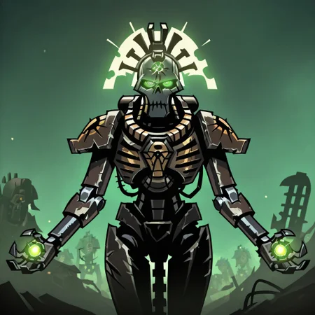 masterpiece, best quality, <break> , solo, 1other, (((necron))), (((glowing))), (((robot))), (((green eyes))), ((warhammer 40000))), 
 looking at viewer, standing, 
(((vanripper))), 
<lora:VanripperIllustriousXL_byKonan:1>
