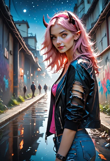 score_9, score_8_up, score_7_up, rating_explicit, photorealistic, ultra detailed,
1girl, 30 years old, long pink hair, red headband, open top leather jacket, large breasts, standing, from the side, friendly, inviting, seductive, quirky, (torn t-shirt:1.1), magenta top, ((pulling down T-shirt neckline:1.2)), cleavage, emotive, smiling, biker boots, aroused, squatting pose, ((demon horns:1.2)), purple eyes,slit pupils,pointy ears, feathered wings, sparkly silver wings, detailed eyes, detailed face, detailed horns,
Hard flash, shadows casts, dark street, located under a bridge, graffiti on walls, (starry night:1.9),
, MJ, cr33p,
(mgqsaki)