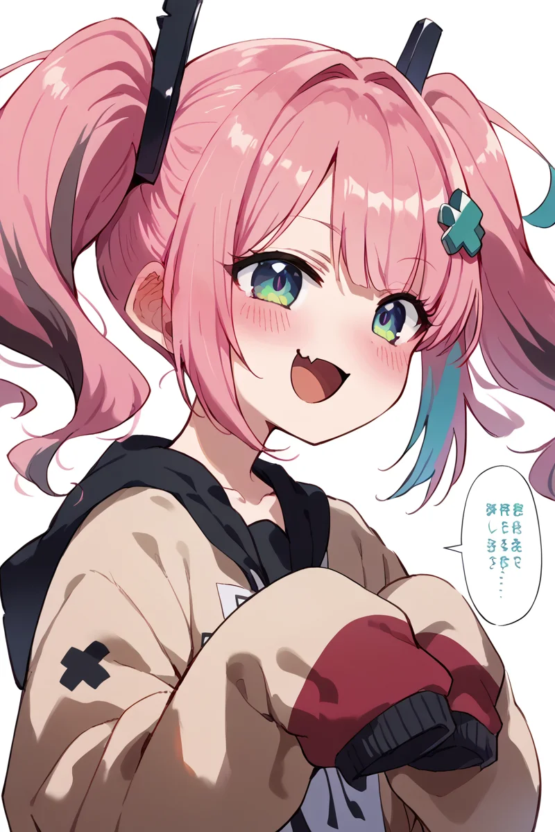 score_9, score_8_up, score_7_up, score_6_up,
<lora:Kihyahya:1> kihyahya, 1girl, pink hair, fang, open mouth, twintails, blush, smile, speech bubble, hair ornament, +++, multicolored hair, sleeves past wrists