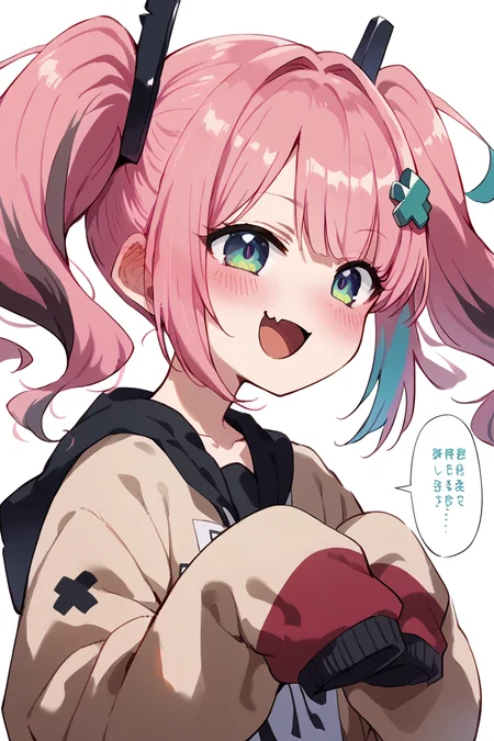 score_9, score_8_up, score_7_up, score_6_up,
 <lora:Kihyahya:1> kihyahya, 1girl, pink hair, fang, open mouth, twintails, blush, smile, speech bubble, hair ornament, +++, multicolored hair, sleeves past wrists
