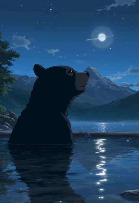 The image is an anime style digital illustration. Closeup of an asian black bear chilling in a hot spring during late night under the moonlight. The bear is looking up into the sky. The view is incredible with a mountain range in the far distance. The starry sky is clear with a full moon. The overall mood is relaxing and dreamy.