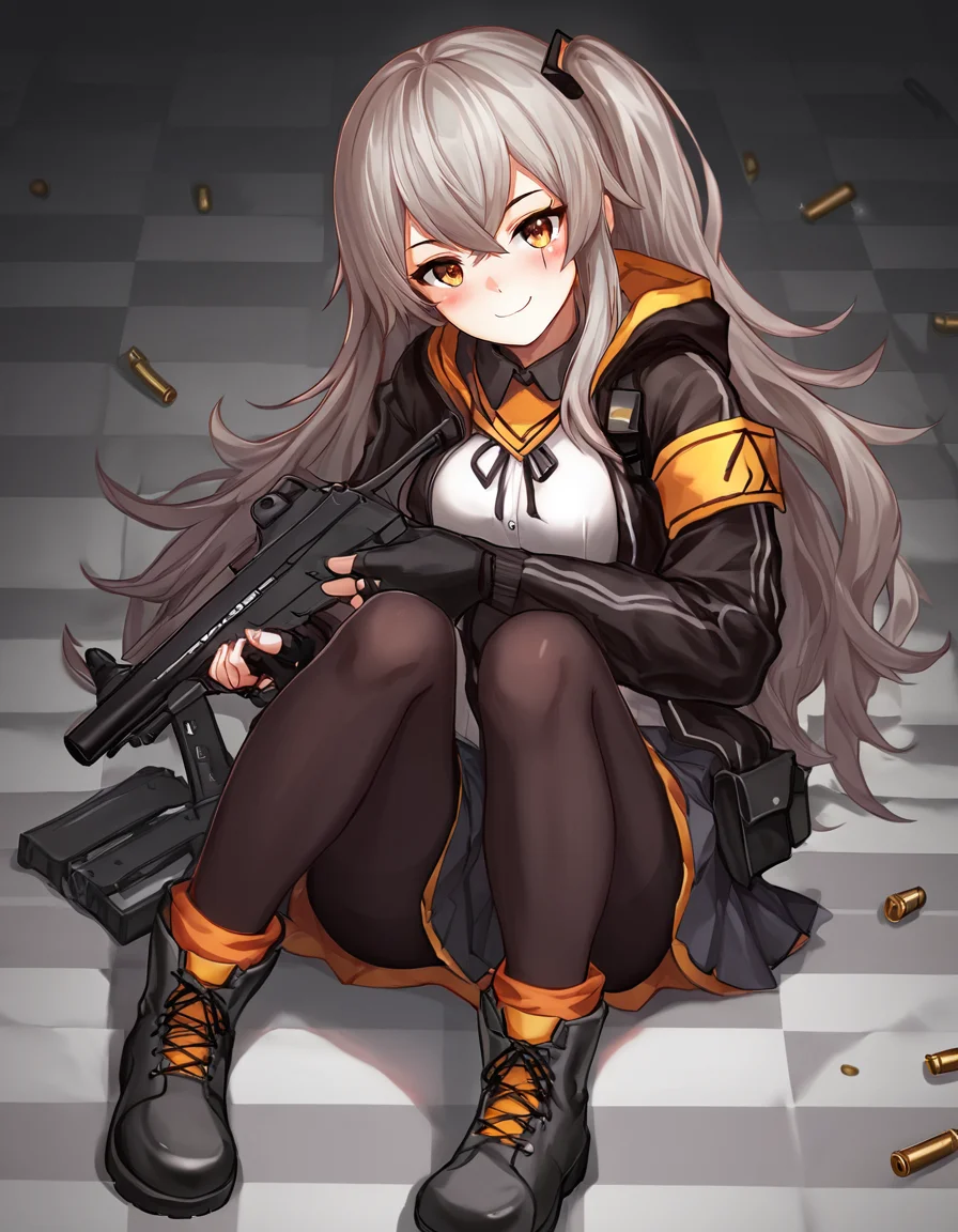 score_9, score_8_up, score_7_up,
u45gf, official_costume, argyle background, blush, breasts, bullet, checkered, checkered background, checkered floor, closed mouth, grey hair, gun, h&k ump, head tilt, heckler & koch, holding, holding gun, holding weapon, knees up, looking at viewer, object namesake, shell casing, smile, submachine gun, suppressor, trigger discipline, weapon, solo, sitting, footwear, ranged weapon, digital media \(artwork\)
 <lora:ump45:1>