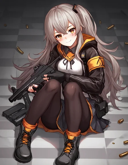 score_9, score_8_up, score_7_up,
u45gf, official_costume, argyle background, blush, breasts, bullet, checkered, checkered background, checkered floor, closed mouth, grey hair, gun, h&k ump, head tilt, heckler & koch, holding, holding gun, holding weapon, knees up, looking at viewer, object namesake, shell casing, smile, submachine gun, suppressor, trigger discipline, weapon, solo, sitting, footwear, ranged weapon, digital media \(artwork\)
 <lora:ump45:1>