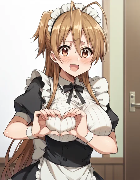 score_9, score_8_up, score_7_up, source_anime, <lora:rei-miyamoto-ponyxl-lora-nochekaiser:1>, rei miyamoto, long hair, brown hair, brown eyes, antenna hair, ponytail, large breasts, <lora:moe-moe-kyun-ponyxl-lora-nochekaiser:1> heart-shaped boob challenge, moe moe kyun! heart hands, enmaided, maid, maid headdress, apron, maid apron, ,, open mouth, blush, embarrassed, clsoed eyes, smile,, cowboy shot