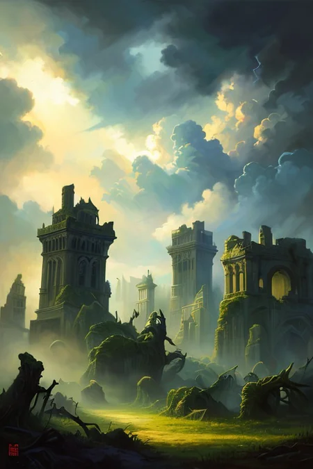 hyperrealism oil painting, ghost of the castle,
thunderstorm, and many small clouds, and slightly cloudy, fantasy forest,
an expansive ancient forest, featuring towering oaks, diverse wildlife, a variety of flora,FanRu,guiguai,
{dawn|dusk|night},