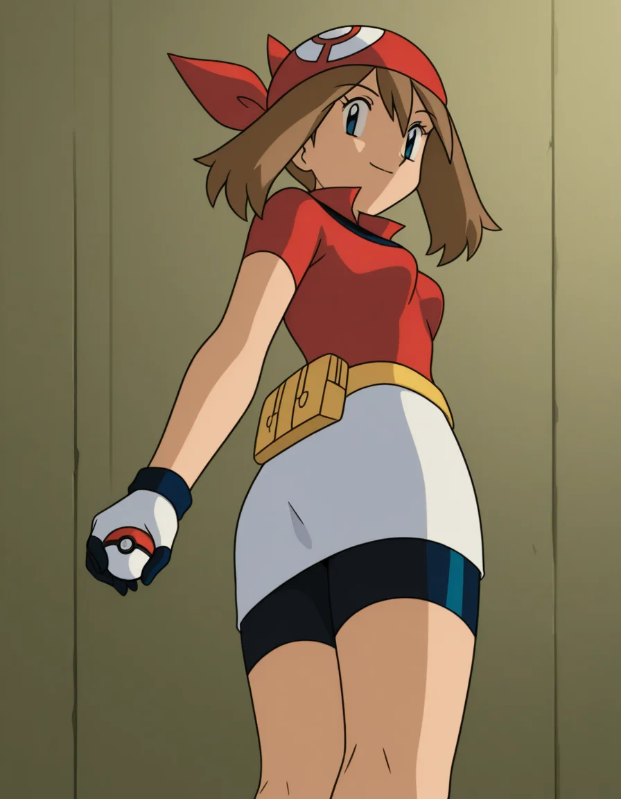 official style,may (pokemon), pokemon (anime), 2000s,brown hair, blue eyes, red bandans, red shirt, short sleeves, gloves, white pouch, white skirt, short skirt, pencil skirt, bike shorts,(standing:1.5),(holding poke ball :1.5),
explicit,(anime screencap), 2d cel anime,anime cap,anime,anime style,anime cel,cell shadedsoft brightness,perfect face,perfect nose, perfect hair, perfect eyes,perfect female body,perfect skin,a face of perfect proportion,perfect lighting,perfect anatomy,perfect proportion,perfect hands,perfect legs,perfect fingers,masterpiece,hair between eyes,
breasts,
perky breasts,best quality,very aesthetic,absurdres,16k,intricate detail,amazing quality,(bold:3.12),thick outline,black outline,harsh lines,soft lines,deluster,boldline,curvy,(anime coloring:1.2), smile,slim,
looking at viewer,
super fine illustration,detailed linework,vibrant colors,kawaii,flat color,outdoors,Stadium,
(from below:2.5),(from side:2.5),
<lora:ãã±ããã¢ã³ã¹ã¿ã¼ãã«ã«åå ´çã¢ãã¡ä½ç»é¢¨PokemonMayMovie_ANIME_Styleillustrious-000015:1:0.8>