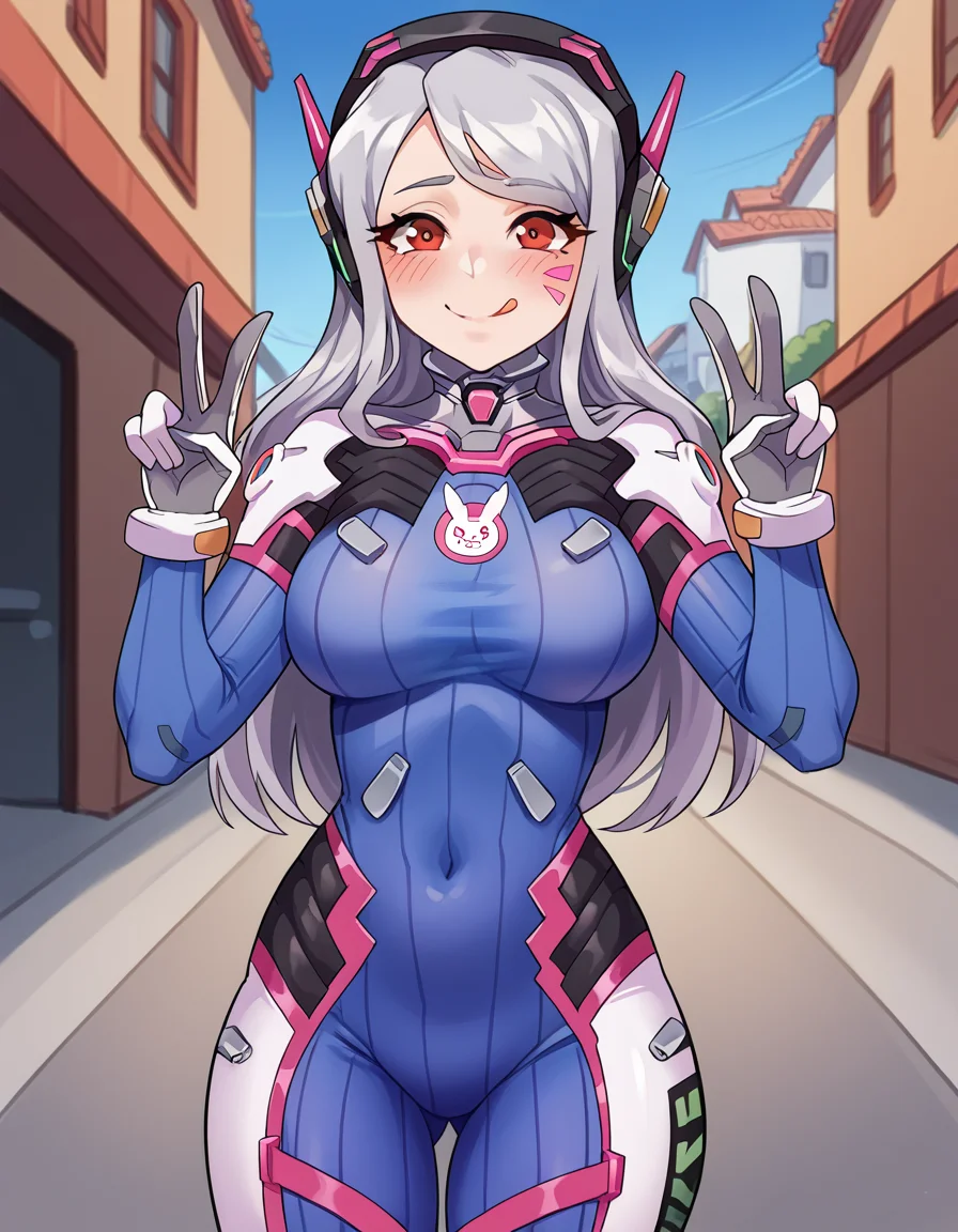 score_9, score_8_up, score_7_up, source_anime, <lora:shalltear-bloodfallen-s1s2-ponyxl-lora-nochekaiser:1>, shalltear, grey hair, long hair, red eyes, silver hair, large breasts,, <lora:overwatch-dva-cosplay-ponyxl-lora-nochekaiser:1>, overwatch dva cosplay, d.va (overwatch) (cosplay), bodysuit, cosplay, covered navel, skin tight, vertical-striped bodysuit, streets, smile, blush, v, v over eye, tongue out, cowboy shot, looking at viewer