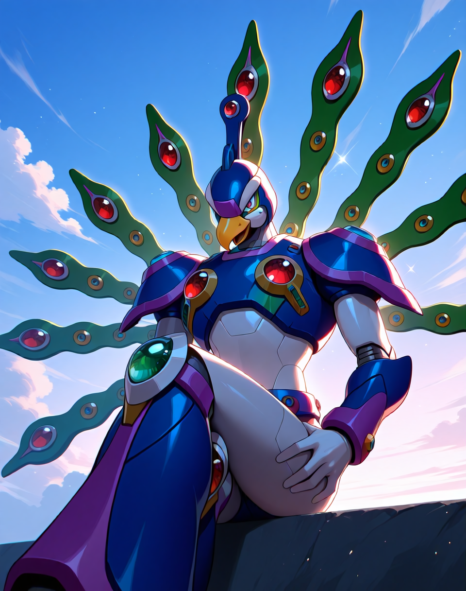 <lora:Cyber_Peacock_(Mega_Man_X)_(Illustrious)_(AD):1> Cyber Peacock, reploid, MMX, 
exterior, blue sky with clouds,
male focus, intense shadows, dynamic shadows, intricate details, attention to details, gradient coloring, bright vivid colors, robot, beak, sexy smile, half closed eyes, one leg in front of the other, seductive pose, crossing legs, 
BREAK very awa, masterpiece, best quality, amazing quality, very aesthetic, highres, absurdres, 
EZRealPONYXL, zPDXL, Smooth Quality, lazynsfw,