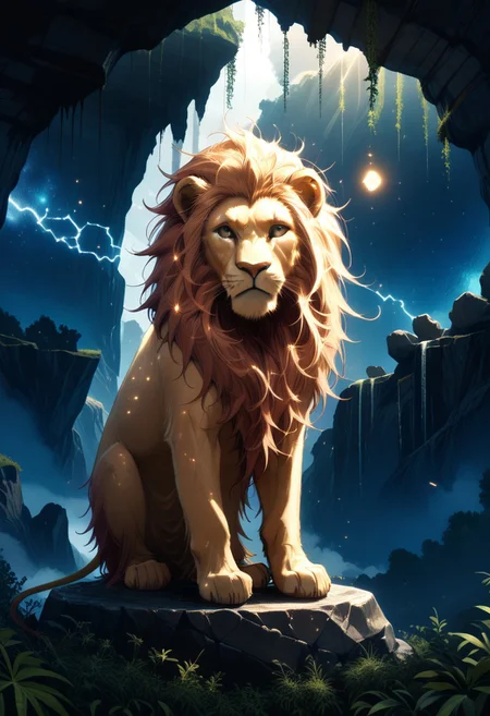 masterpiece, best quality, good quality, very awa, newest, highres, absurdres, ,score_9, score_8_up, score_7_up, Majestic lion, golden mane, standing on a rock, sunset light casting a warm glow