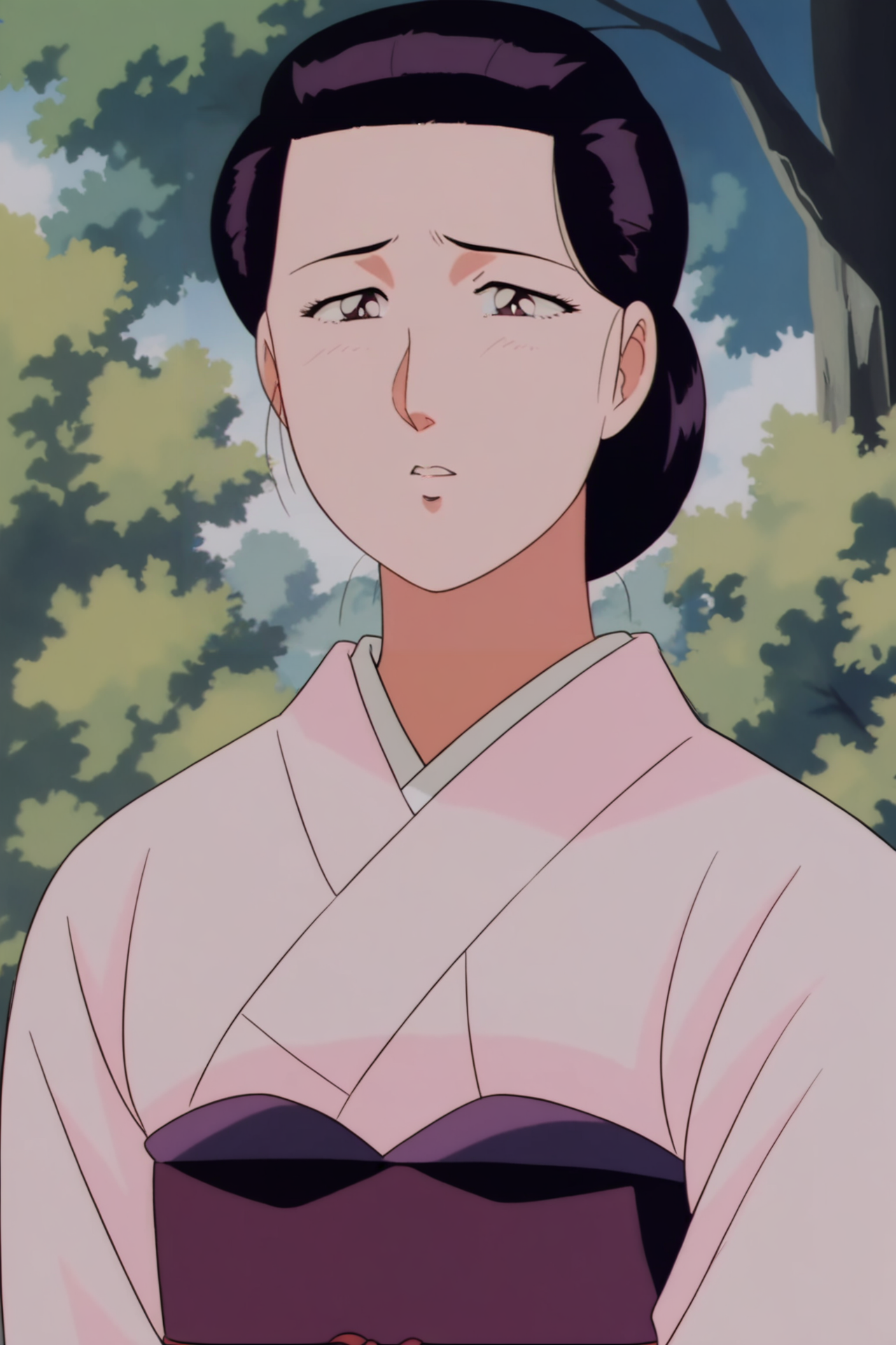 anime screencap,anime coloring,detailed face,masterpiece,best quality,very aesthetic,absurdres,official style,amazing quality,ultra detailed,highres,amazing quality,scenery,beautiful detailed hair,beautiful detailed eyes,
<lora:å·½ç´«ä¹-IL V1:1>,Xzn,solo,1girl,single hair bun,hair bun,black hair,retro artstyle,mature female,
japanese clothes,kimono,purple sash,obi,pink kimono,