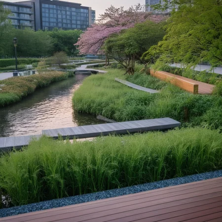 <lora:JJsEcology_Park_XL:1>, ((Ecology Park)),masterpiece , best quality, Landscape, scenery, outdoors, building, tree, sky, real world location, grass, bush, flower, city, water, lawn, sidewalk, ivy, bench,sakura, dawn, rain,pond,day, column, beam, RAW photo, subject, 8k uhd, dslr, soft lighting, high quality, film grain, Fujifilm XT3, aquatic plants, wood hand rail, soil, wild grass,  river, rock,pebble, fish under water,