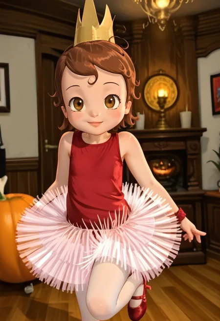 (masterpiece)+, 8k, best quality, ultra-detailed, (high res), cinematic lighting, beautiful lighting, high quality, studio quality, detailed, insanely detailed, extreme detail, refined detail, perfect detail, max detail, smooth lighting, detailed background, hyper detailed body, beautiful lighting, vibrant lighting, global illumination, absurdres, high-res, dynamic lighting, h4nnah, 1girl, solo, brown hair, ballerina, short hair, dress, pantyhose, white pantyhose, tutu, Expressiveh, aerozerorisk, 1girl, solo, solo focus, looking at viewer, standing, cowboy shot, (closed mouth), happy, cute, kawaii, indoors, living room, daylight, sunshine, Halloween decorations, Halloween costume, (princess ballerina costume), (gold crown), brown hair, brown eyes, red shirt, pink tutu