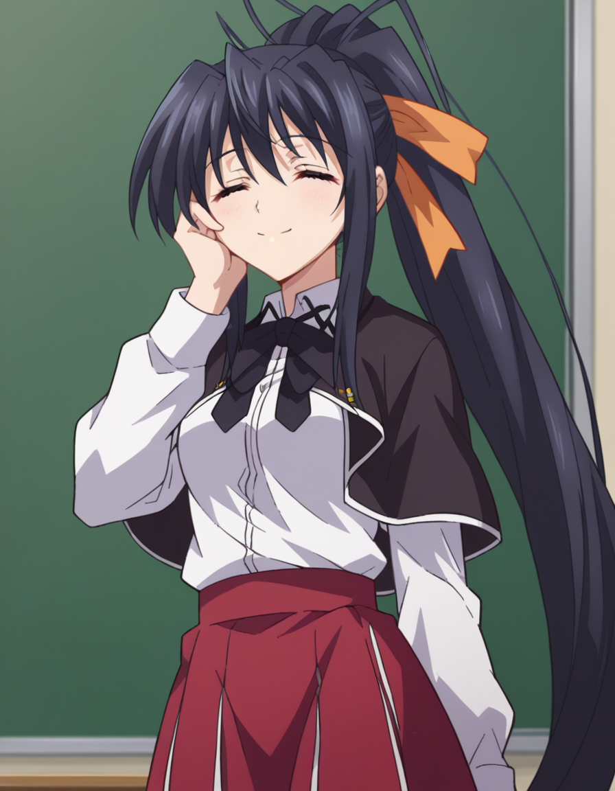 score_9, score_8_up, score_7_up, source_anime,
akenohimejima, <lora:akeno-himejima-ponyxl-lora-nochekaiser:1>,
akeno himejima, long hair, black hair, ribbon, very long hair, closed eyes, hair ribbon, ponytail, antenna hair, smile, hand on own cheek,
skirt, school uniform, shirt, white shirt, capelet, black capelet, long sleeves, red skirt,
indoors, classroom,
looking at viewer, dutch angle, cowboy shot,
