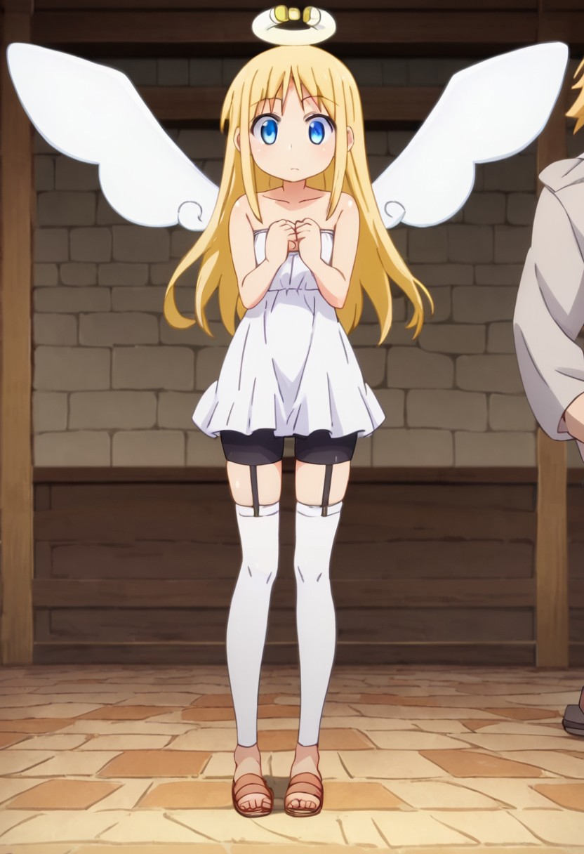 crimvael \(interspecies reviewers\),, blue eyes,blonde hair,long hair,angel,halo,wings,white dress,strapless,bare shoulders,bike shorts,sandals , thighhighs, indoors , standing ,  score_9, score_8_up, score_7_up, ,source_anime, best quality, masterpiece,   , full body view ,   garter straps, collarbone ,  1girl , solo , girl focus ,