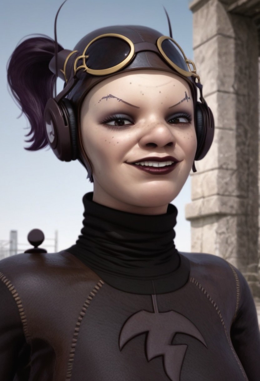 1girl, freckles, brown eyes, thin eyebrow tattoos, dark purple hair, dark lipstick, brown leather helmet, goggles on head, brown headphones, gloves, boots, turtleneck, black and brown bodysuit, realistic, score_8_up, score_7_up, BREAK, 1girl, solo, closeup, grin