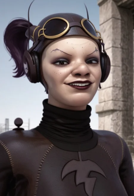 1girl, freckles, brown eyes, thin eyebrow tattoos, dark purple hair, dark lipstick, brown leather helmet, goggles on head, brown headphones, gloves, boots, turtleneck, black and brown bodysuit, realistic, score_8_up, score_7_up, BREAK, 1girl, solo, closeup, grin