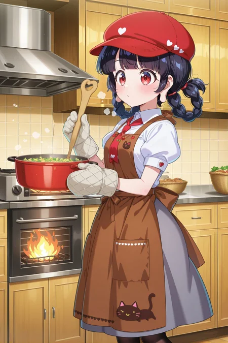 absurdres, highres, masterpiece, best quality, amazing quality, official anime artwork, screencap, anime screencap,
<lora:Narumi-Yatadera_Illustrious:1> yatadera narumi, 1girl, solo, red eyes, black hair, braided hair rings, long earlobes,, yatadera narumi \(jizou praying for kids' good health\), alternate costume, alternate headwear, red headwear, beret, baseball cap, red beret, print headwear, heart print, red neckerchief, collared shirt, white shirt, puffy short sleeves, brown apron, print apron, cat print,  grey skirt, black pantyhose, red shoes, mary janes, grey mitts,
indoors, holding peel, oven, kitchen, from the side,