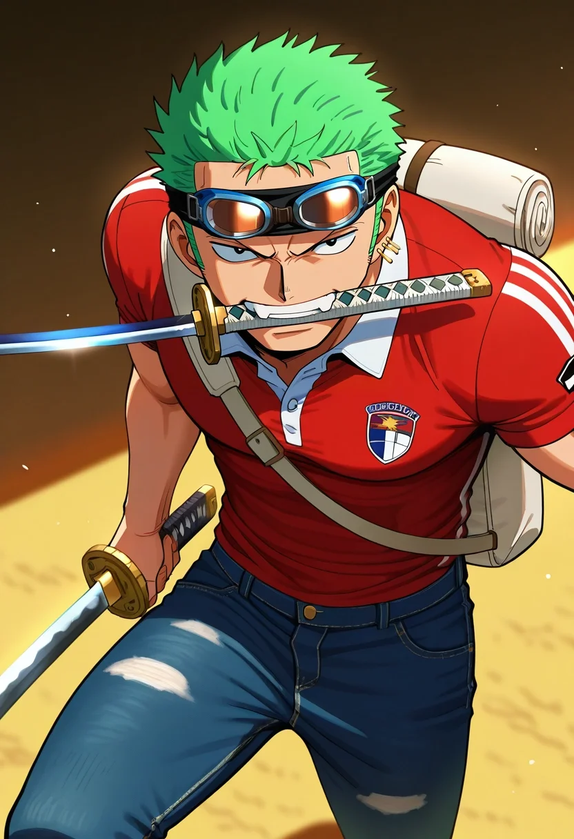masterpiece, best quality, intricate details, , , 1boy, solo, male focus, <lora:zoro_roronoa_ilxl:0.9>, zoro_roronoa, green hair, black eyes, short hair, bandana, , earrings, katana, holding sword, mouth hold, teeth, , Carpenter jeans, Rugby polo, , Pith helmet, Swimming Goggles and andSling Bag