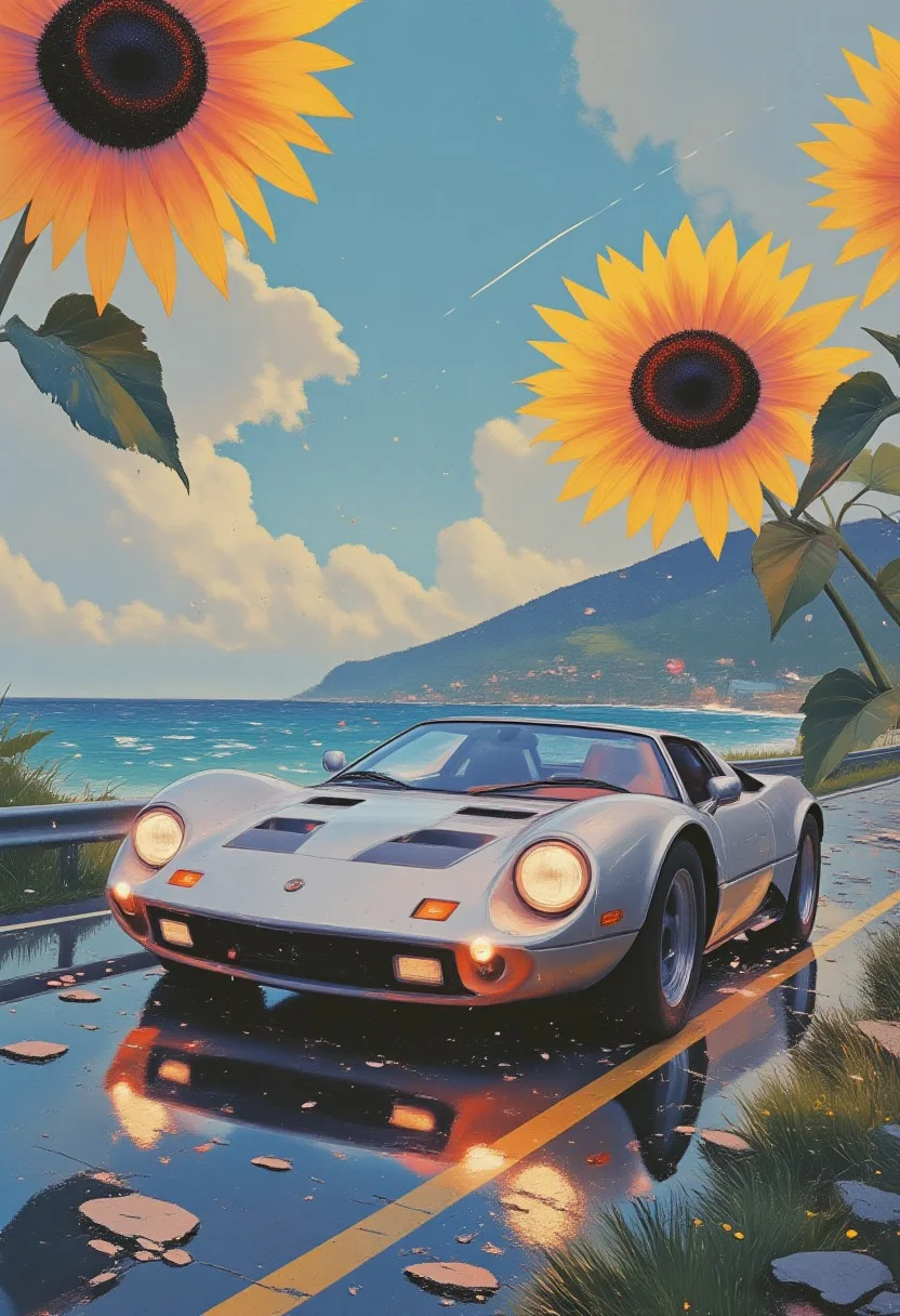 Jeddtlv3, aidmamj6.1, A shiny silver sports car cruising along a coastal road, with bright turquoise waters and oversized, surreal sunflowers swaying in the breeze