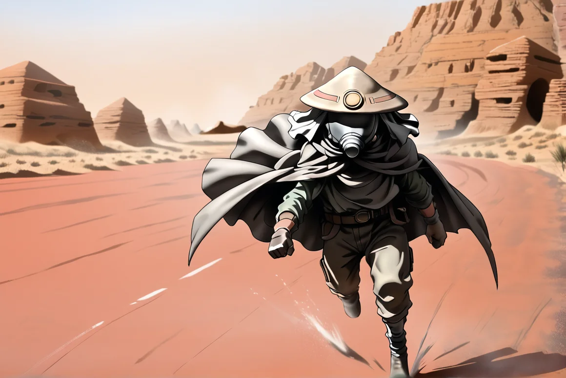 score_9, score_8_up, score_8, <lora:Kanta_SunabozuDesert_Punk_for_PonyXL:0.8> 1boy, k4nt4, hat, mask, cape, gloves, reflective mask, running, desert,