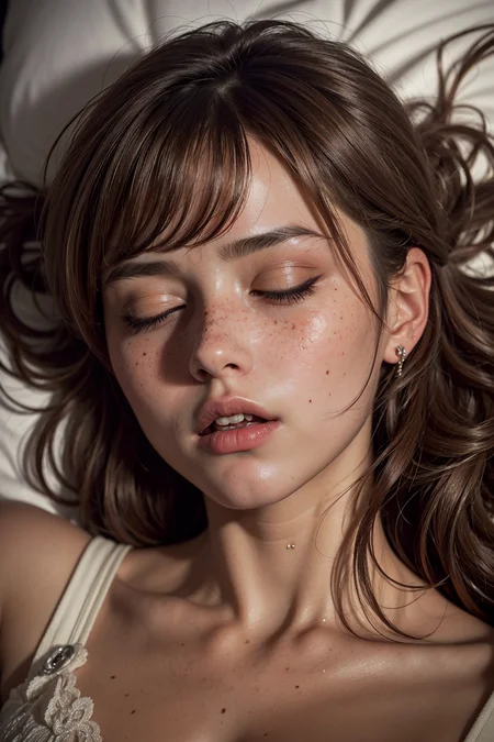 (masterpiece, detailed:1.3), vivid colors, beautiful, <lora:detail_slider_v4:1.0>,
1 girl, adult hungarian woman, freckles, closed eyes, light brown wedge cut hair, bangs, ,
blushing, (shiny skin:1.1), perfect face, perfect teeth,
(in pain, painful expression:1.2), closed mouth, lying on bed, from above, hair spread out, collarbones,
(extreme closeup:1.1), <lora:zoom_slider_v1:2.0>