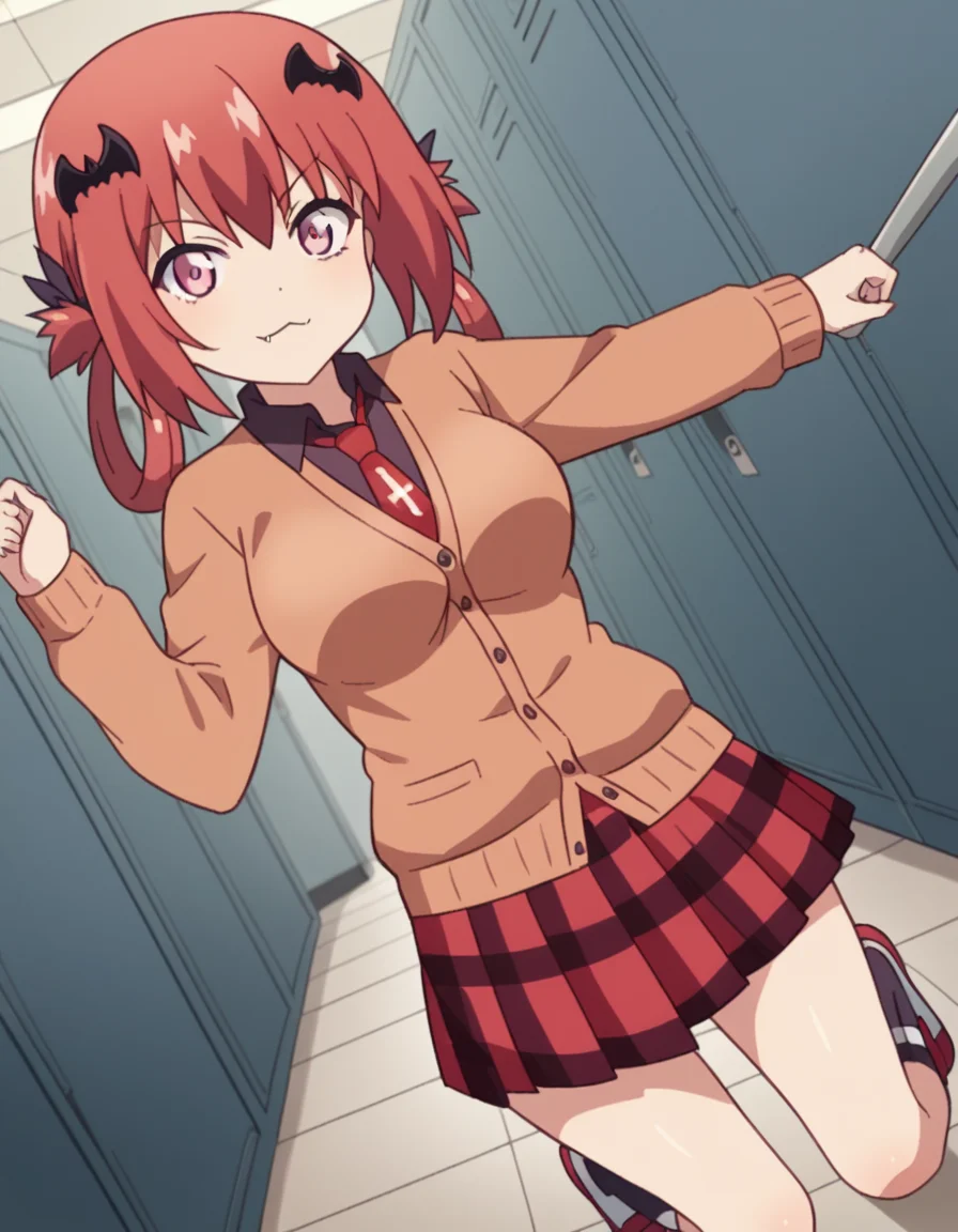 score_9, score_8_up, score_7_up, source_anime, <lora:satanichia-kurumizawa-mcdowell-s1-ponyxl-lora-nochekaiser:1>, satanichia kurumizawa mcdowell, hair ornament, red hair, hair rings, bat hair ornament, pink eyes, skin fang, large breasts,, skirt, shirt, school uniform, pleated skirt, necktie, shoes, socks, collared shirt, plaid, kneehighs, black shirt, plaid skirt, cardigan, black socks, inverted cross, brown cardigan,, school hallway, lockers, between classes, everyday life, smile, looking at viewer, arm holding an object, solo,, cowboy shot, dutch angle