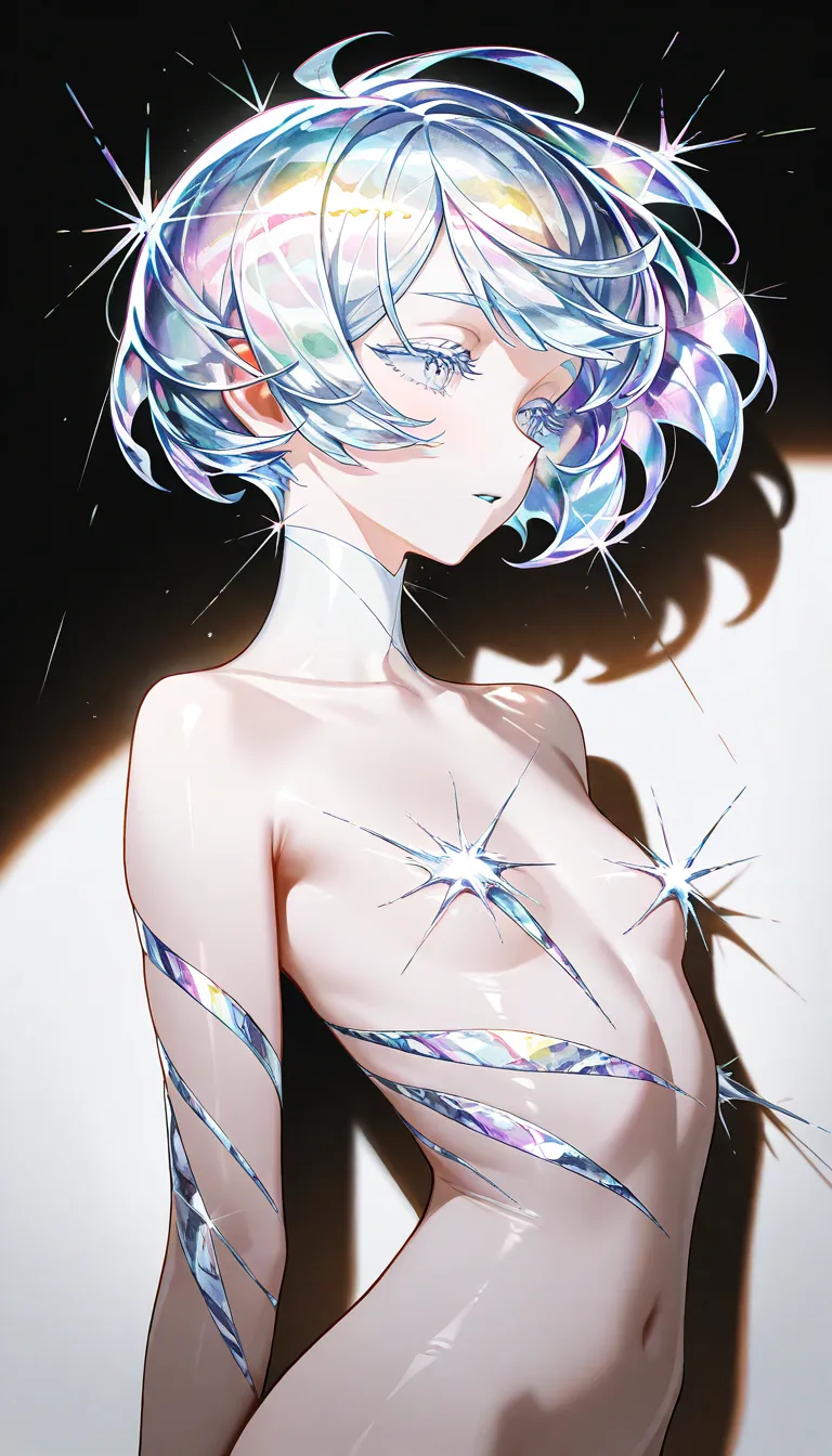 (masterpiece, best quality), amazing quality, very aesthetic, absurdres, highres, newest, HDR, 8K, high detail RAW color art, intricate details, high contrast, detailed background, beautiful detailed, beautiful face, blight face, large pupil, eyelashes, brilliant skin, shiny ski
1girl, solo, diamond \(houseki no kuni\), nude, naked, spotlight and shadow, aesthetic, (dark), white and light blue neon underlightling, bloom,