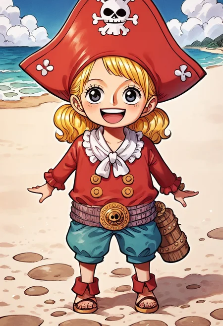 score_9, score_8_up, score_7_up, 
Solo, little girl,  blonde, sand, child, pirate clothing, Joly Roger standing,  happy , cute,  beautiful landscape 
<lora:PONYXL_OnePiece_MangaColored_ownwaifu:0.95> ,