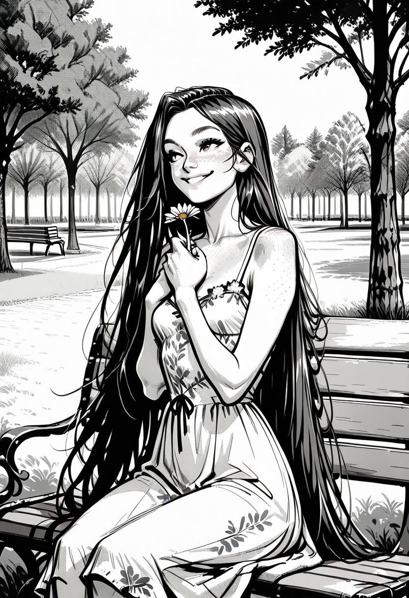 masterpiece, best quality, 32k, high resolution, absurdres, Jedsk5tch, sketch, black and white, monochrome, Ginger, GingerRH, Very long  hair, straight hair, parted bangs, freckles, chest freckles, , small breasts, floral sundress, sitting on a bench, park, smiling, looking away, holding a flower, detailed, outdoors,, hands on chest, focus on face, screentones, shadows, chiaroscuro