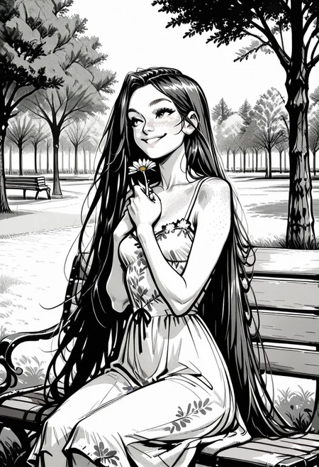 masterpiece, best quality, 32k, high resolution, absurdres, Jedsk5tch, sketch, black and white, monochrome, Ginger, GingerRH, Very long hair, straight hair, parted bangs, freckles, chest freckles, , small breasts, floral sundress, sitting on a bench, park, smiling, looking away, holding a flower, detailed, outdoors,, hands on chest, focus on face, screentones, shadows, chiaroscuro