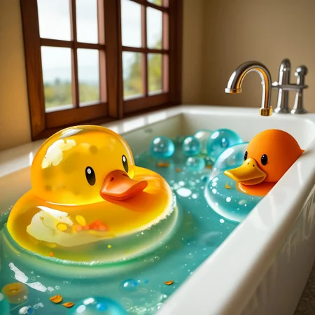 {1duck, 1 bath duck made out of slime, (slime duck:1.5), (yellow slime body:2), (orange slime beak:2), (glossy black eyes:1.5), translucent slime duck, transparent slime duck}
hud_sp_bth, flower, petals, water, bath, in an elegant bath tub, bubbles made out of slime, slimes hiding in the bath bubbles, bubble bath, perspective from inside tub, prespective from inside bath, lots of frothy bubbles,
everything made of slime, No simple background,
((translucent slime)), ((transparent slime)), (bioluminescent slime), sl1m3d, slime, slime-morph, saturated colors, no humans, no people, no man, no woman,