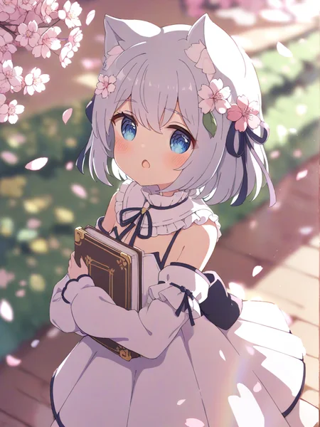 1girl,solo,cherry blossoms,hair flower,pink flower,hair ribbon,cat ears,animal ear fluff,blue eyes,grey hair,short hair,bangs,hair between eyes,eyebrows visible through hair,blush,neck ribbon,white dress,crease,frilled_collar,detached_sleeves,flat chest,
hugging book,standing,looking at viewer,open mouth,:o,
leaf,plant,lemon,outdoors,book,light ray,
from side,
<lora:tyomimas_1-000034:1>,