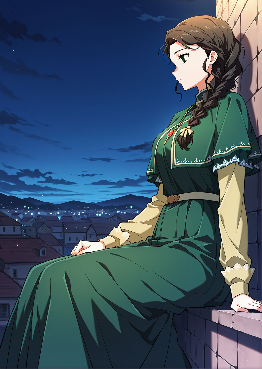 <lora:Silluria_Namaran__The_Greatest_Estate_Designer__Illustrious:1>
1 girl, solo, green eyes, brown hair, black hair, long hair, braid, single braid, braided ponytail, hair over shoulder
green dress, long sleeves, capelet, layered sleeves, short over long sleeves, necklace, jewelry, <lora:DetailedEyes_V3:1>
score_9, score_8_up, score_7_up, score_6_up, source_anime, masterpiece, best quality, absurdres, highres, newest, anime coloring <break>  1girl, solo, sitting, on wall, from side, town, night sky, cloud