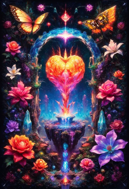 Psychedelic time vortex Of : [vibrant orange Bleeding Hearts flowers and glowing red butterflies against a pitch-black background Painterly,  surreal, vibrant glow, bokeh, 8k,Pink Roses, purple_alien_flower,pink_flower,white_flower,yellow_flower,grappe_flower,sparkling amethyst crystals]