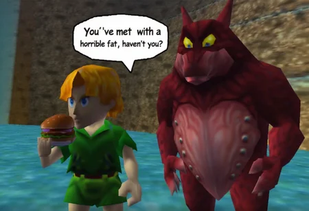 A demon is talking with an massively obese Link from the legend of zelda who is eating a hamburger. The demon has a speech bubble with the text "you've met with a horrible fat, haven't you?".
flat lighting, low resolution, crt scanlines, low poly