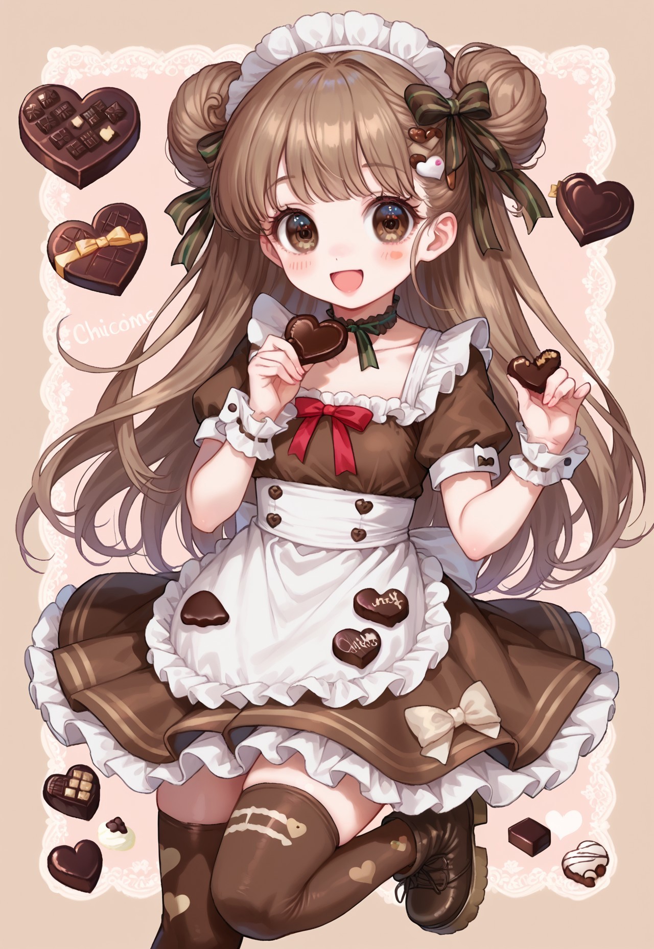 (cutecore, kawaiicore) 1990s (style), 1girl, long hair, double buns, chocolate brown hair, big eyes, brown eyes, (jeweled_eyes),  petite, blush, blush stickers, smile, open mouth smile, :D, holding food, chocolate bar, holding chocolate, (chocolate themed clothes, food-themed clothes), brown (chocolate print frilly dress), food print, brown puffy short sleeves, light brown center frills, dark brown ribbons, brown and cream (attached chocolate print frilly skirt), light brown ruffles, brown frills, white short apron, bows, brown bows, hair ornaments, hair ribbons, brown (square chocolate hair ornament), food-themed hair ornament, brown heart chocolate-shaped choker, white frilled wrist cuffs, brown chocolate print mismatched stockings, print legwear, cream ankle ribbons, chocolate brown chunky ankle boots, chunky platform soles, (simple scenery, simple background), brown chocolate themed background, patterned background, food-themed background, (surrounded by cute hearts, chocolates, box of chocolates, heart-shaped chocolate, chocolate cake, chocolate making)